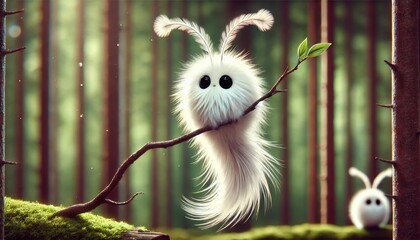 A fluffy white creature with black eyes and feathery antennae balancing on a slender tree branch, with a forest background.