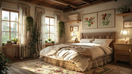 Cozy Rustic Bedroom with Wooden Furniture and Natural Light from Large Windows