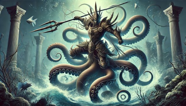 A dynamic underwater scene featuring a regal creature with octopus-like tentacles in a battle stance, wielding a spear with determination.