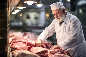 Master Butcher at Work in a Traditional Butcher Shop Displaying Premium Quality Fresh Meats