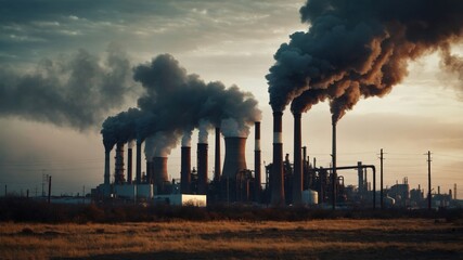 Large industrial factory with multiple smokestacks emitting heavy smoke into the sky, highlighting pollution and environmental impact.
