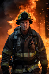 Naklejka premium Firefighter gears up as flames rage behind, embodying dedication to saving lives