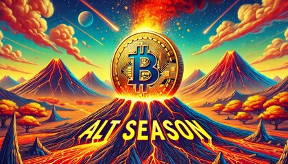 A highly detailed and focused image of a Bitcoin coin erupting from a volcano with lava forming the words 'ALT SEASON'.