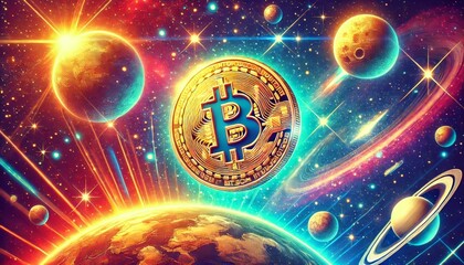 A highly detailed and focused image of a Bitcoin coin floating in space with planets and stars in the background.