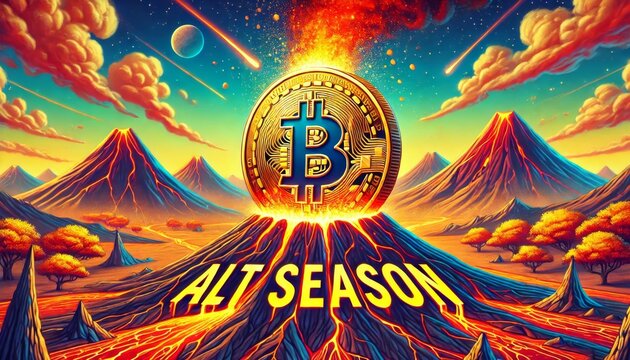 A highly detailed and focused image of a Bitcoin coin erupting from a volcano with lava forming the words 'ALT SEASON'.