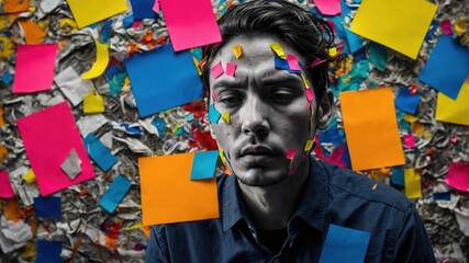 A man with colorful sticky notes on his face and an abstract background, symbolizing creativity, stress, and chaos in a modern work environment.

