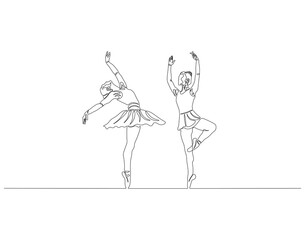 Continuous one line drawing of two ballet dancer. One line drawing illustration of two ballet dancer. Ballerina concept one line. Editable outline.