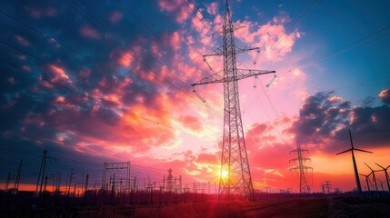 Stunning Sunset Over Power Lines and Wind Turbines in a Vibrant Sky
