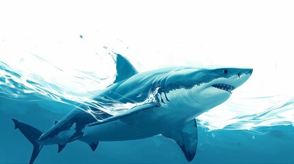 Obraz premium Close-up of a great white shark swimming gracefully in the crystal clear blue ocean water