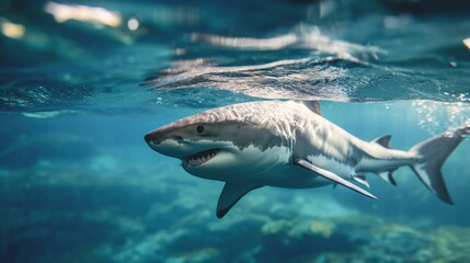 Obraz premium Great white shark swimming in the blue ocean water with its mouth open and teeth exposed