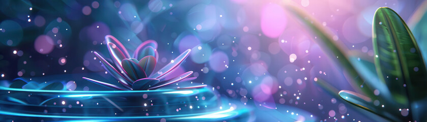 Enchanting fantasy scene with a glowing lotus flower, surrounded by magical lights and colorful sparkles, evoking a mystical and serene atmosphere.