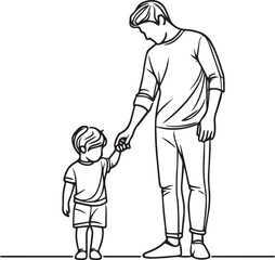 One line father. Dad walking with son. Fatherhood poster with man and child holding hands. Continuous lines happy fathers day vector concept. Cheerful male