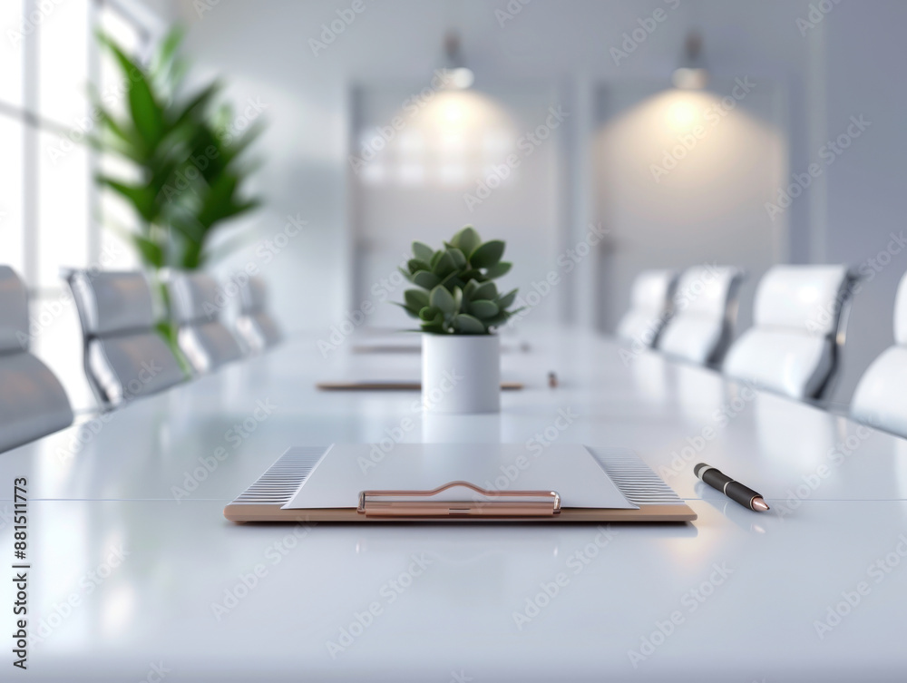 Wall mural Modern conference room with a white table, chairs, a small potted plant, clipboard, and a pen, in a well-lit office setting.