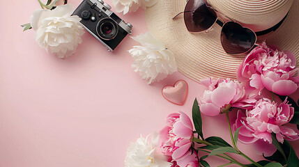 Blooming white and pink flowers, sunglasses and straw hats, concept of vacation