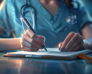 Nurse in scrubs writing in a notebook with a stethoscope, representing healthcare, medical documentation, and patient care.