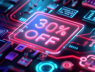 Obraz premium Neon sign displaying 30 percent off discount in a vibrant, futuristic style, perfect for sales, promotions, and shopping advertisements.