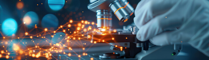 Scientist uses microscope for biological research with glowing particles. Advanced laboratory study in action.