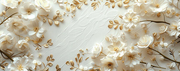Elegant floral arrangement on white background. Soft beige and gold flowers create a delicate, decorative border, perfect for weddings and invitations.