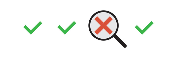 Obraz premium Magnifying glass with green or red check tick icon. For concepts of research, results found, success, reviews or examination, discovery.