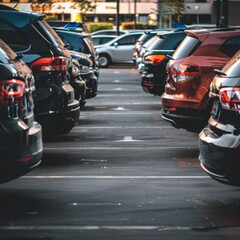 Fototapeta premium Abstract Wallpaper of Cars Parked in an Outdoor Parking Lot, Representing Second-Hand Car Sales and Rental Services, Car Dealership and Agency Concepts, Ideal for Waste Utilization, Car Dealerships, D