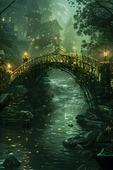 A bridge over a river with a forest in the background. The bridge is lit up with lights, creating a serene and peaceful atmosphere