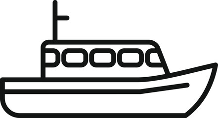 Simple black and white line drawing of a fishing boat with cabin and antenna