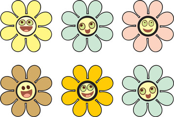 Flower and Emoticons symbols. Mood Changing Faces Emotions. Cartoon expression faces and characters for designing kids video games or animations. Social media sticker idea.