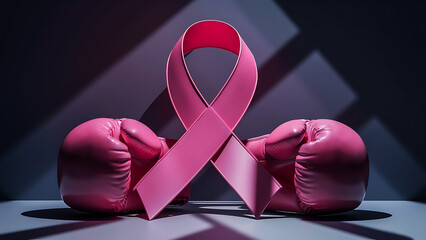 Breast cancer awareness month pink boxing gloves and pink cancer ribbon on background