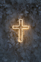neon cross on floral background
