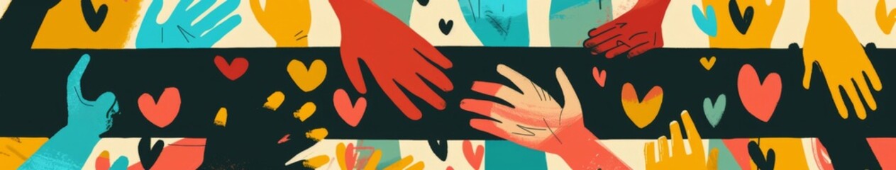 Obraz premium Abstract Wallpaper Featuring Charitable Illustration Concept with Abstract, Diverse People, Hands, and Hearts. Ideal for Public Welfare Posters, Inclusive and Caring Themes, Editorial Content, and Boo
