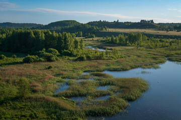 View of the Izborsko-Malskaya Valley and Gorodishchenskoe Lake on a sunny summer day, Izborsk, Pechersk district, Pskov region, Russia