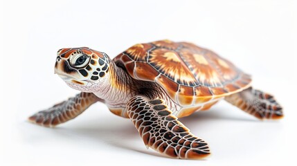 Close-up photo of a cute sea turtle with a beautiful shell on a white background