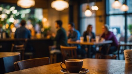 A cozy café setting with a focus on a cup of coffee on a wooden table, while people in the background socialize and enjoy their time.
