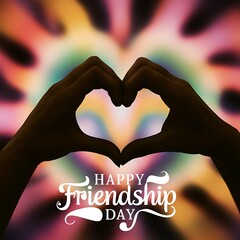 Fototapeta premium Happy Friendship Day celebrate two hands forming a heart shape against a backdrop of vibrant colors.