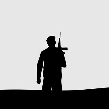 recommend clip art: Silhouette of a Soldier carrying a rifle in a World War victory scene, a symbol of heroism and army victory in the conflict.