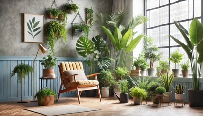 Cozy Living Room Interior with Large Window and Green Plants.