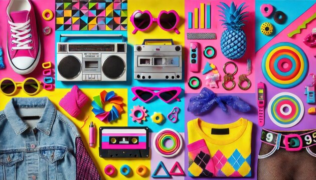 80s Retro Pop Culture Collage with Sunglasses, Boombox, and Cassette Tapes.