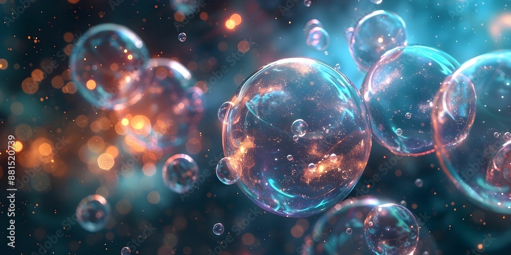 Wall mural a colorful galaxy of bubbles with a blue background. the bubbles are of different sizes and colors, 