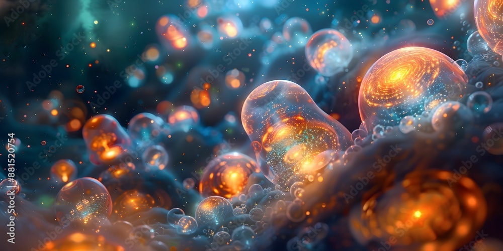 Wall mural a colorful galaxy of bubbles with a blue background. the bubbles are of different sizes and colors, 