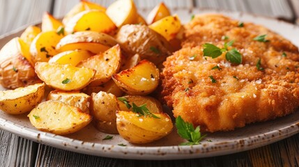 Fototapeta premium Crispy Schnitzel and Fried Potatoes