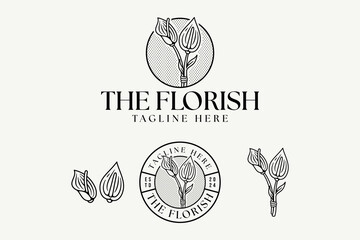 peace lily flower buds with leaves line art vintage logo design. simple several stems of peace lilies with leaves badge logo concept. feminine peace lily flower logo for boutique, spa, salon business