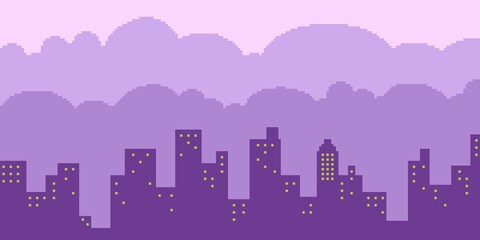 Pixel art purple city with buildings city scape panoramic and clouds. Wallpaper pixel art purple city. can be used for wallpaper, template card and background. Simple and cute card. © evan