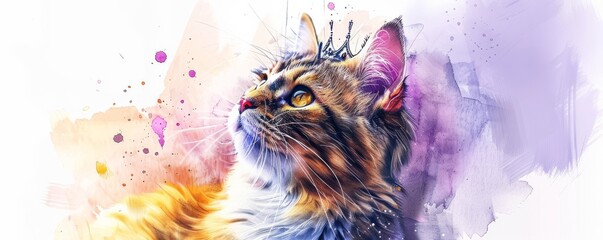 A vibrant watercolor illustration of a majestic cat with bright colors and artistic splashes in the background.