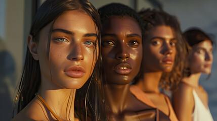 close up multiracial women look at camera. Five women of different ethnicities and cultures stand side by side together. Strong and brave girls support each other and feminist movement. Sisterhood
