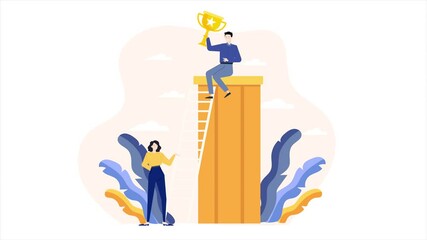 business team leader on the top stairs bring trophy animated illustration video