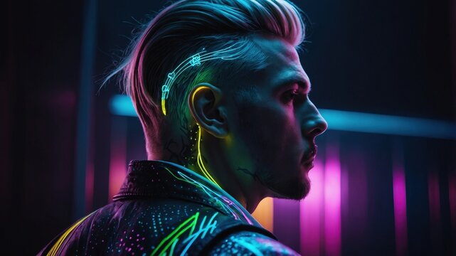 Profile of a man with neon cyberpunk body art, featuring glowing lines and patterns, set against a vibrant, futuristic background.
- Powered by Adobe