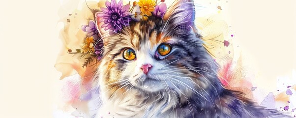 Watercolor painting of a fluffy cat adorned with flowers. Artistic representation with vibrant colors and intricate details.