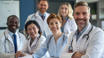 Fototapeta premium A team of doctors in white coats standing together in a hospital