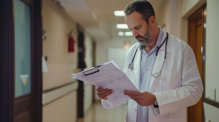 A candid shot of a doctor reviewing patient charts, captured from a dynamic angle to convey dedication and meticulousness in medical practice