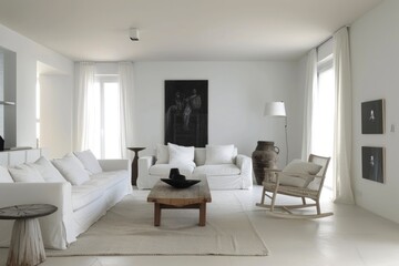 Fototapeta premium A serene living room with white walls, minimal furniture, and a few carefully chosen accents. The raw photo highlights the purity and simplicity of the space.